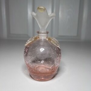 Vintage Pink Crackle Glass Perfume Bottle Frosted Glass Leaf-Shaped Topper